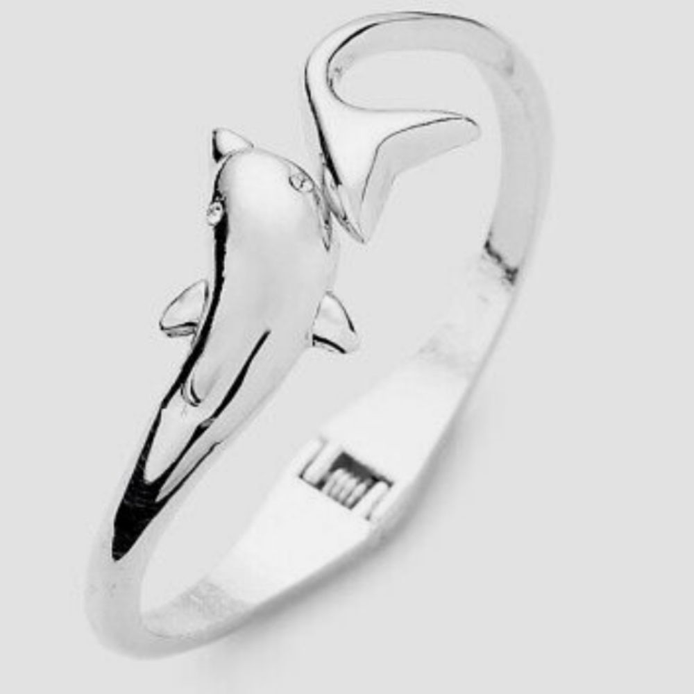 Dolphin with Crystal Accent Eyes Hinged Bracelet, Silver Tone